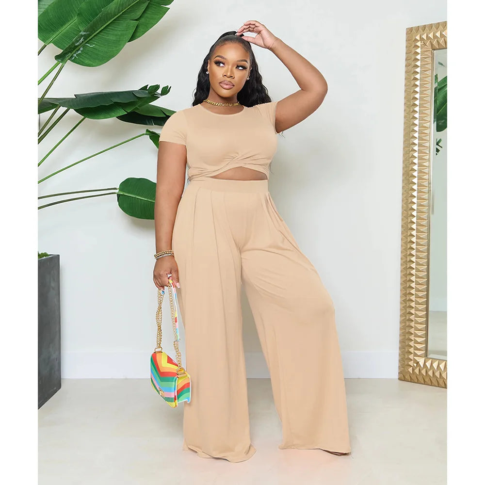 Chic Plus Size Summer Two Piece Set - Short Sleeve & Wide Leg.