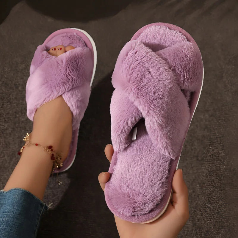 Women’s Fashion Cross Strap Faux Fur Slippers