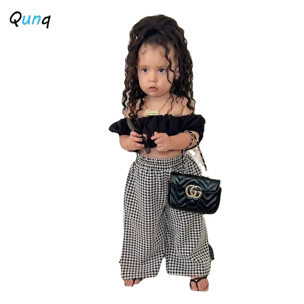 Girls Shoulderless Pleated Crop Top & Plaid Trousers Set 3T-8T