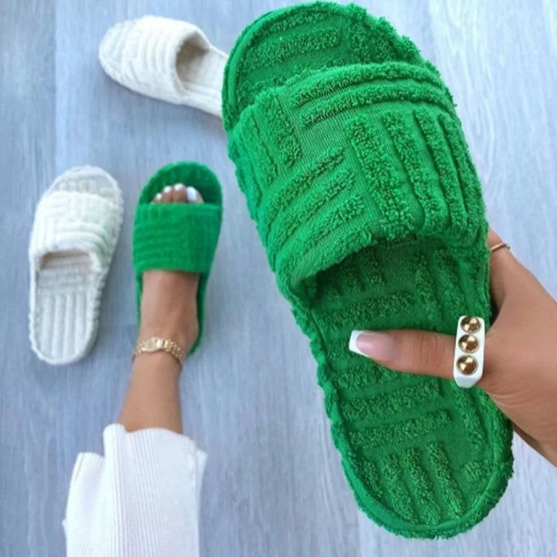 Luxury Green Corduroy Peep Toe Slippers for Women.