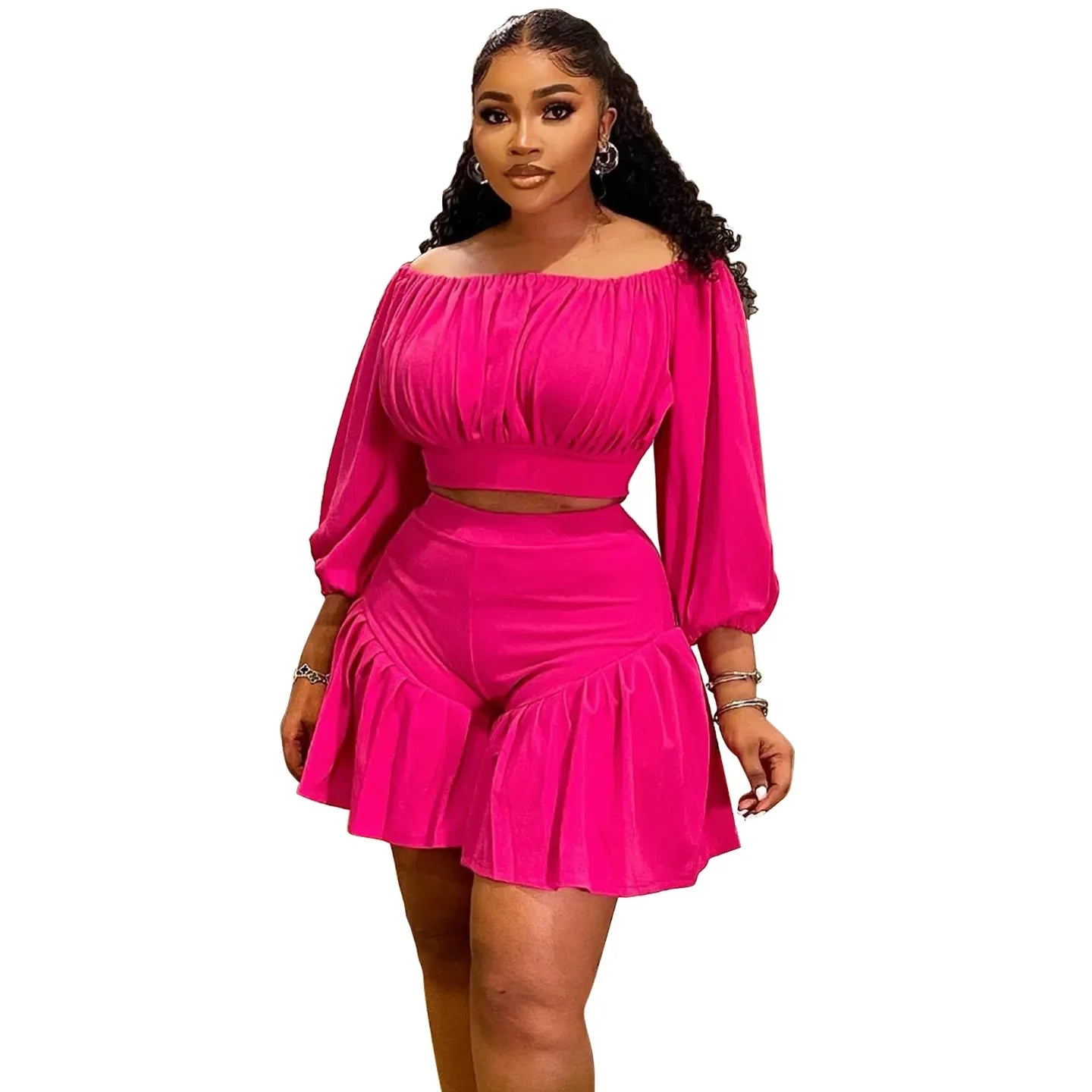 Plus Size Women's Ruched T-Shirt & Shorts Set.