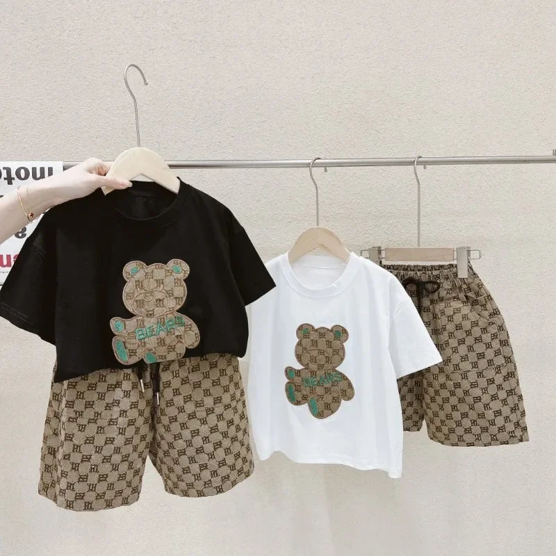 Boys Summer Cartoon Bear T-Shirt & Plaid Shorts Set