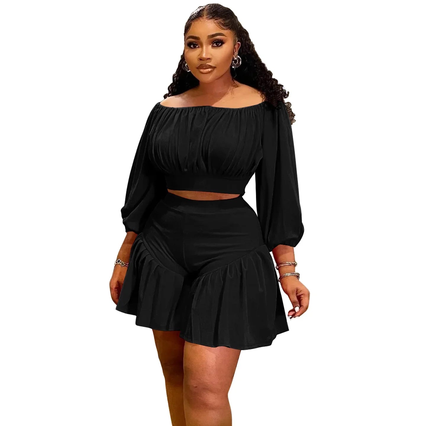 Plus Size Women's Ruched T-Shirt & Shorts Set.