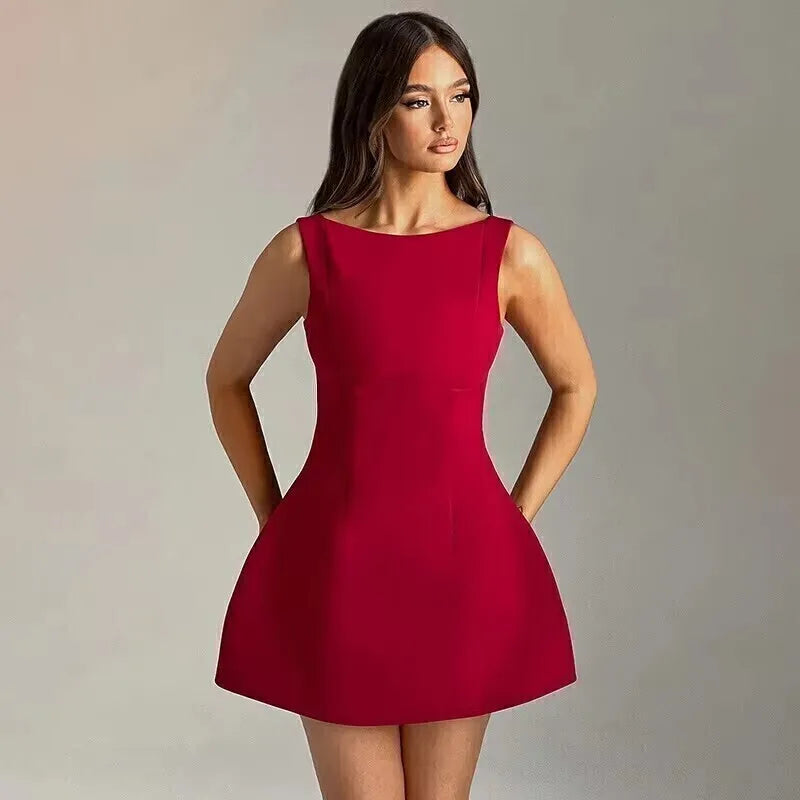 Townlike Elegant A-line Mini Dress - Deep V Neck.