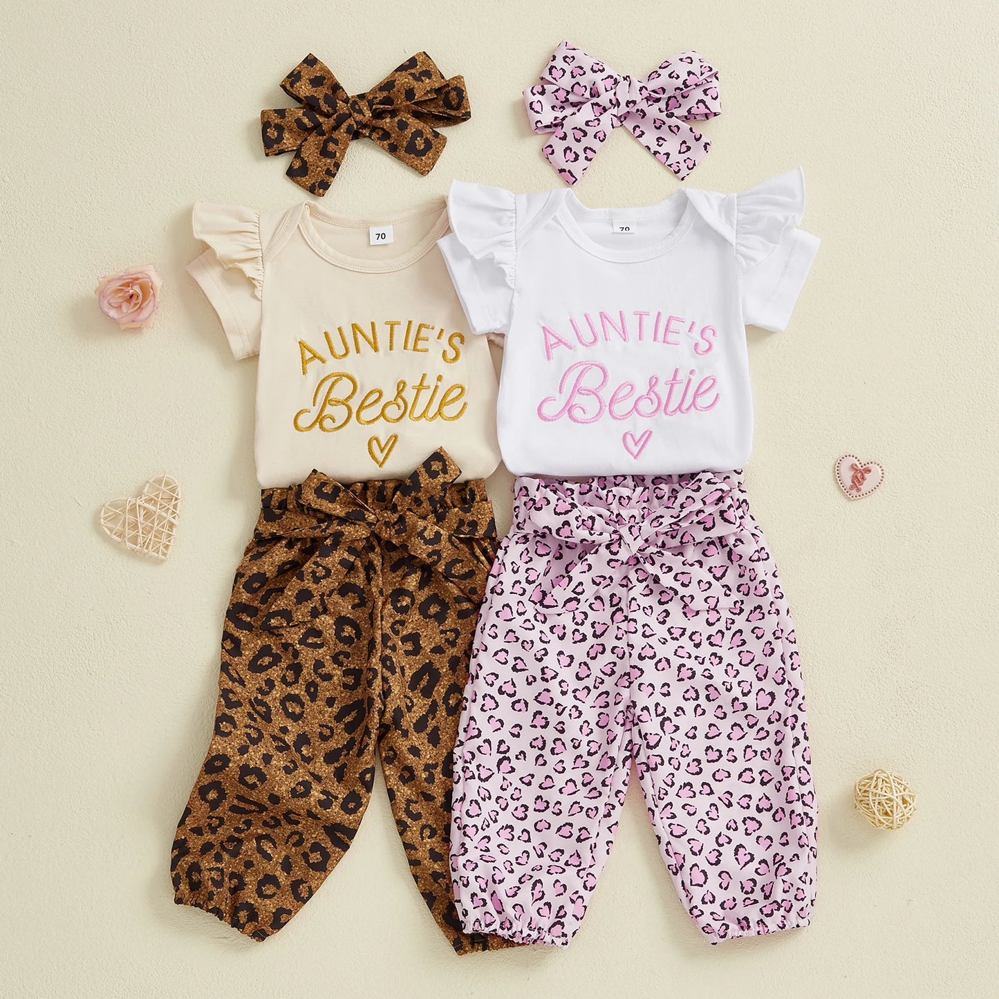 Summer New Baby Girls Clothing Set Two Pieces Toddler Outfits Short Sleeve Letter Print Romper with Leopard Pants Headband Suit.