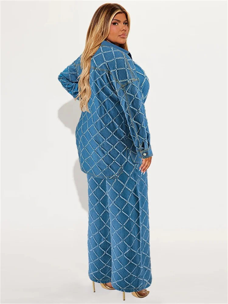 Trendy Plus Size Denim Two Piece Set for Women.