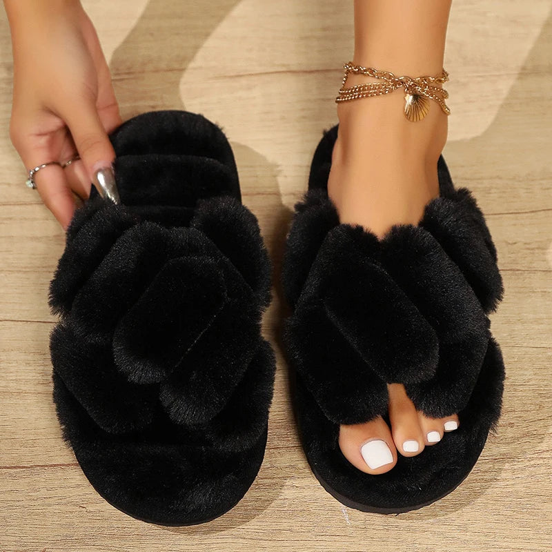 Women's Fluffy Cross Strap Slippers - Luxe Comfort.