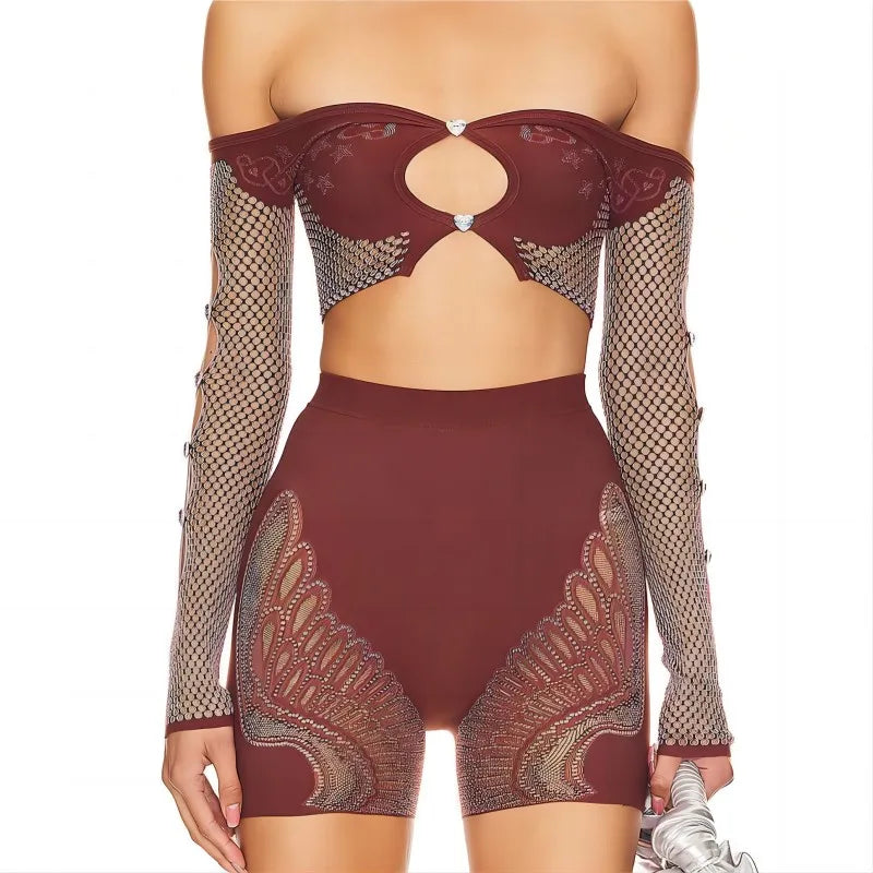 Sexy Rhinestone Off Shoulder Crop Set for Nightlife.