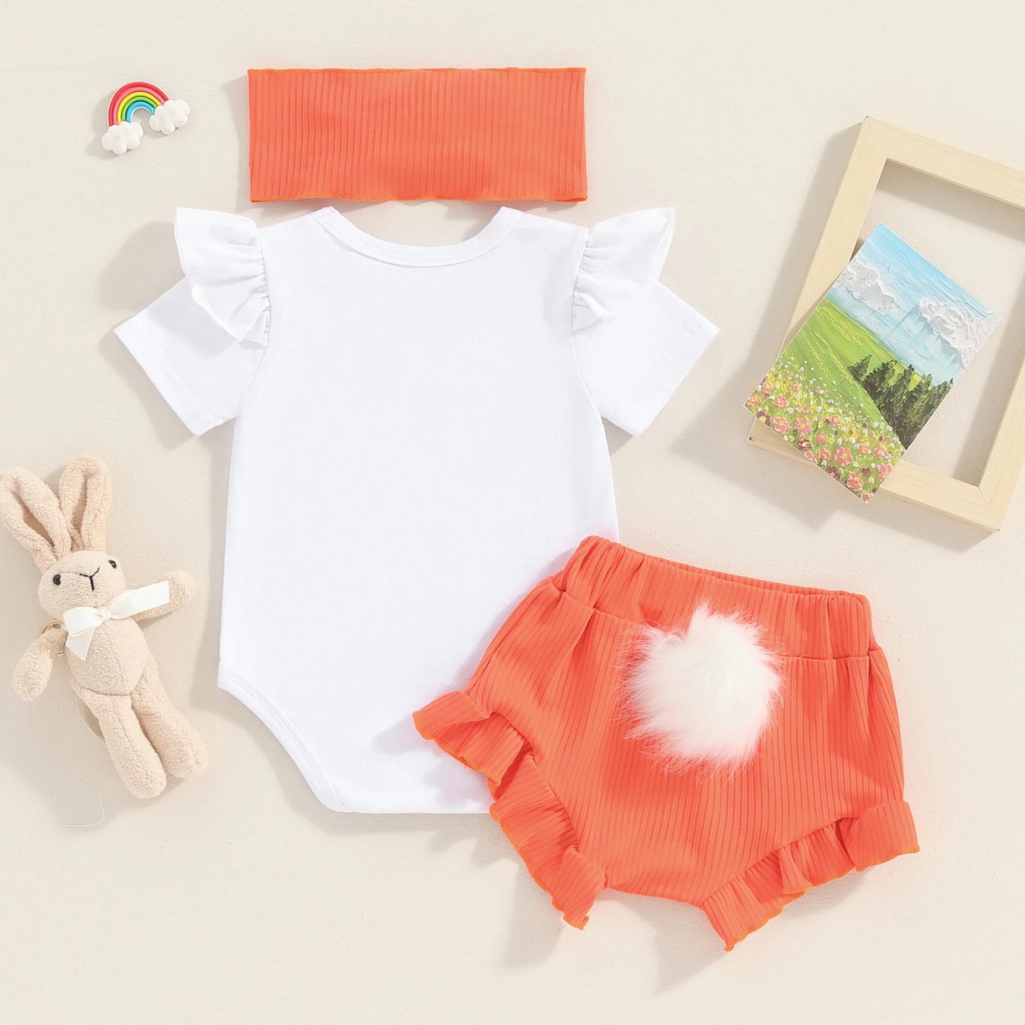 3PCS Baby Girls Easter Outfits Summer Kids Clothing Set Short Sleeve Romper 3D Tail Shorts Headband Toddler Set Infant Clothes.