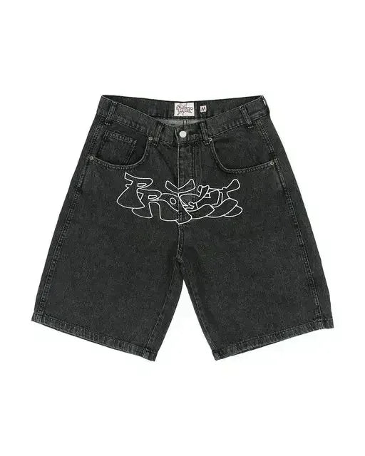 Y2K Baggy Denim Shorts with Rhinestones - Unisex Style