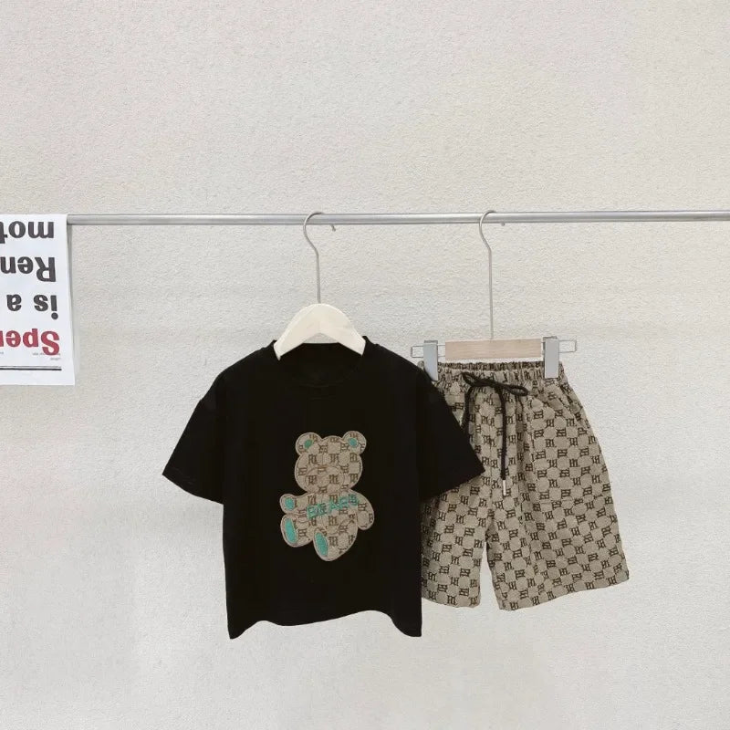 Boys Summer Cartoon Bear T-Shirt & Plaid Shorts Set