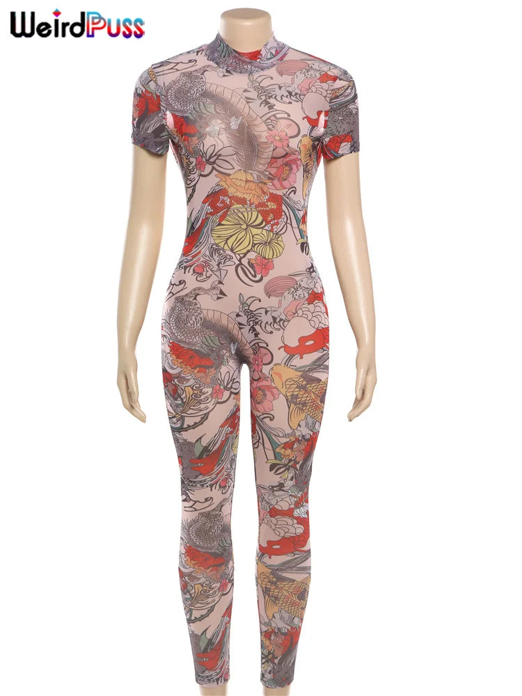 Trendy Women’s Dragon Print Backless Jumpsuit.