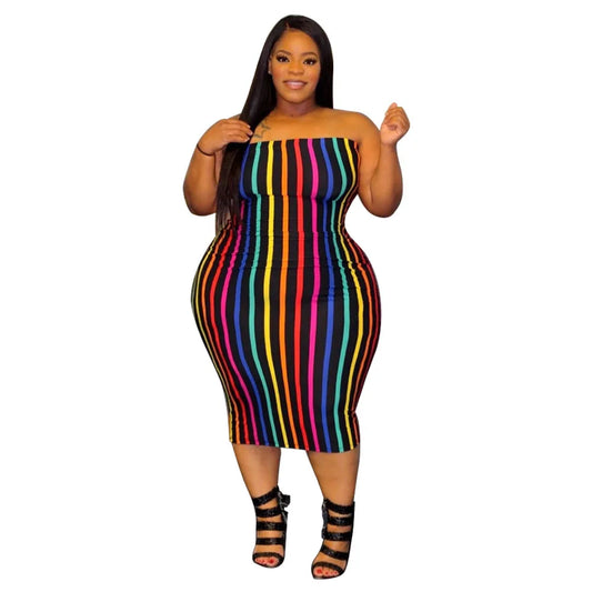 Trendy Plus Size Off Shoulder Rainbow Stripe Dress