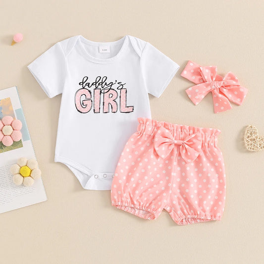 Little Baby Girls Summer Outfits 3PCS Cute Lovely Kids Clothes Letter Print Short Sleeve Romper Dot Print Shorts Headband Suits.