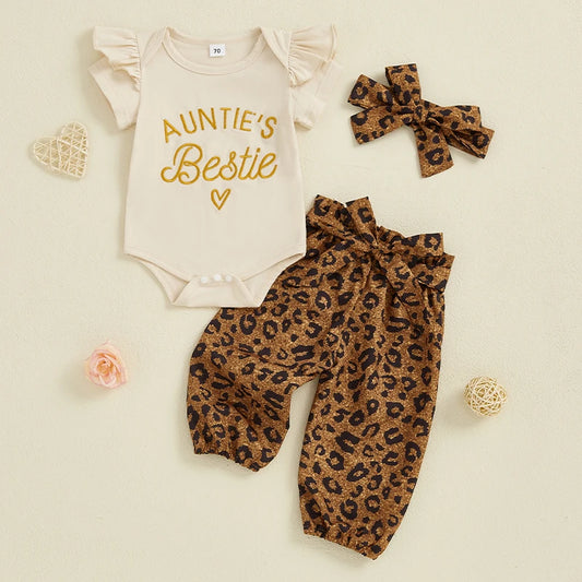 Summer New Baby Girls Clothing Set Two Pieces Toddler Outfits Short Sleeve Letter Print Romper with Leopard Pants Headband Suit.