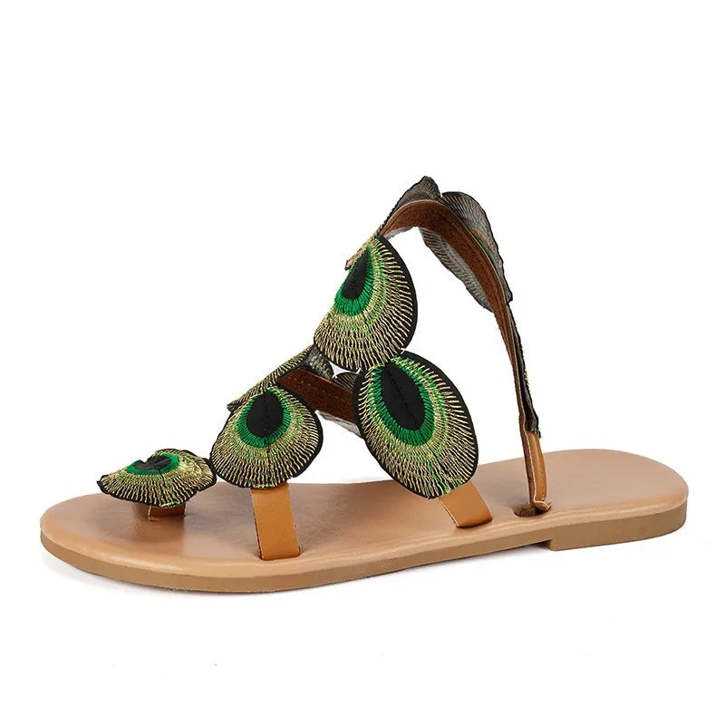 Women’s Peacock Roman Sandals - Boho Flat Beach Sandals