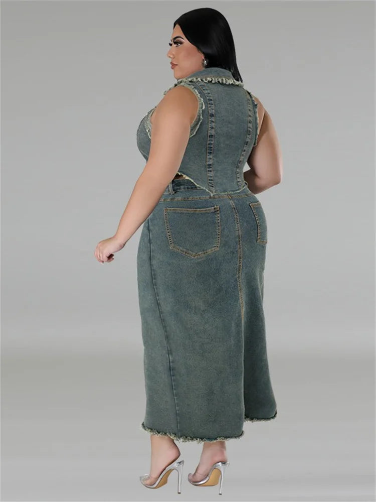 Plus Size Denim Skirt Two Piece Set for Women.