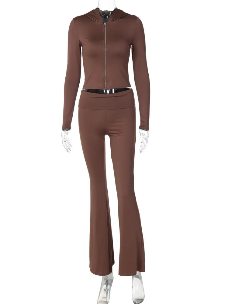 Trendy Hooded Two Piece Set - Zipper Top & Flare Pants.