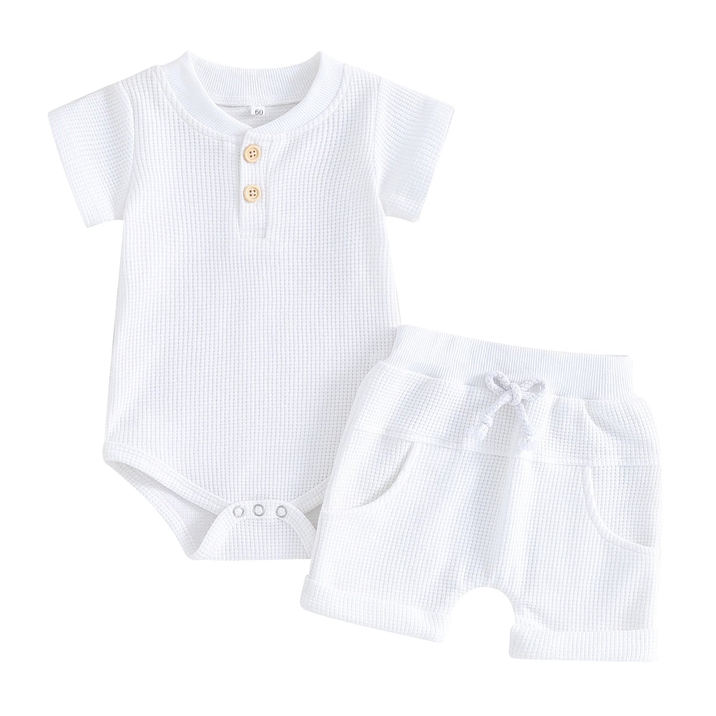 Summer Button Baby Clothes Set - Cotton Waffle Romper & Shorts