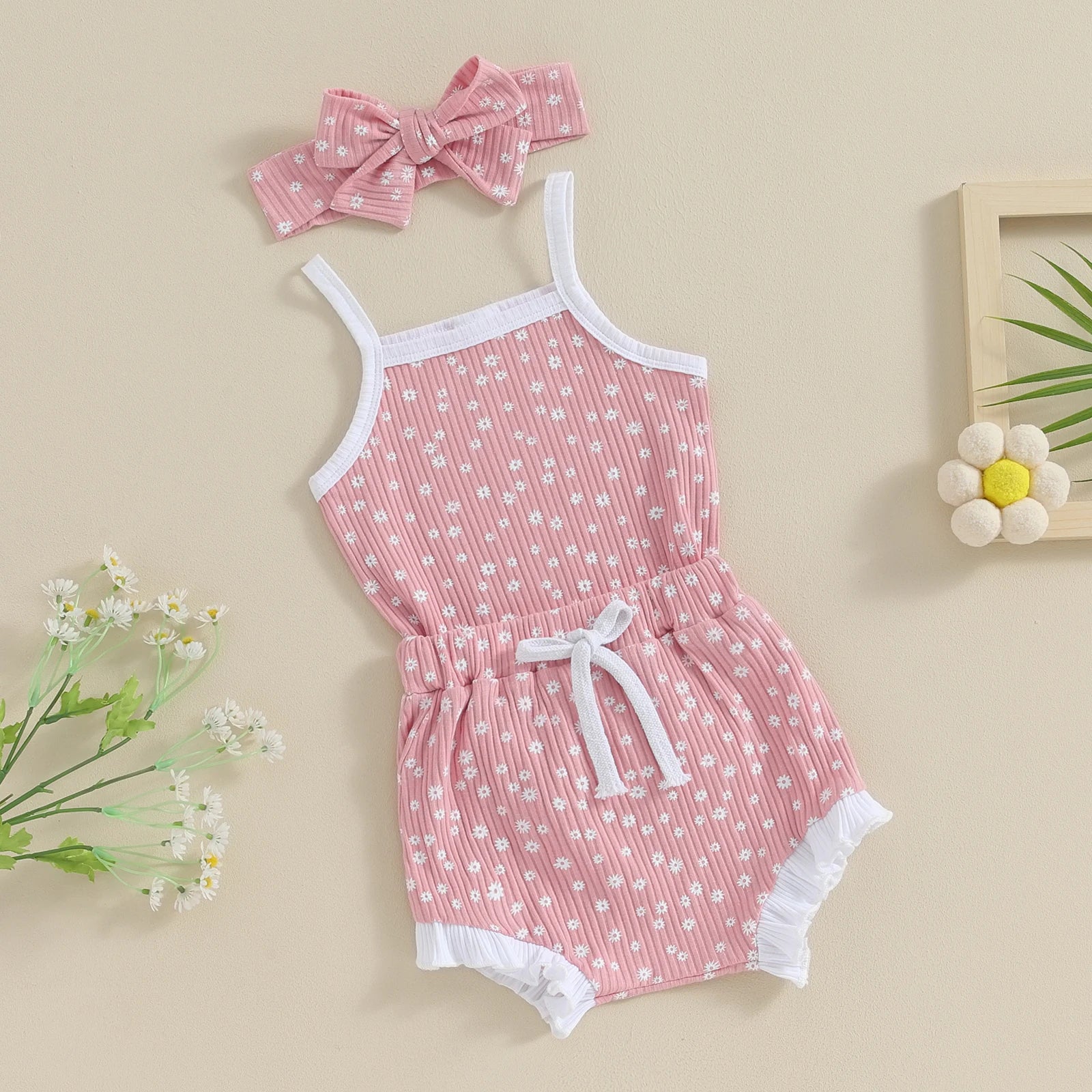 Summer 0-18 Months Newborn Baby Girls Clothes Set Kids Outfits Floral Print Rib Sleeveless Rompers Shorts Headband 3Pcs Costume.