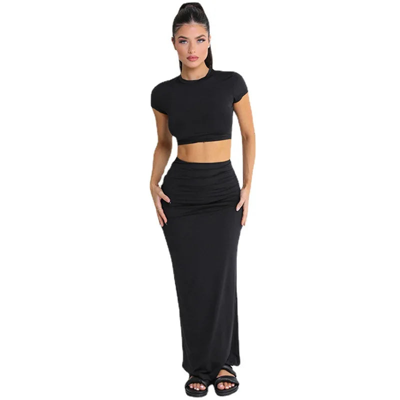 Chic Slim Crop Top & Long Skirt Set for Women.