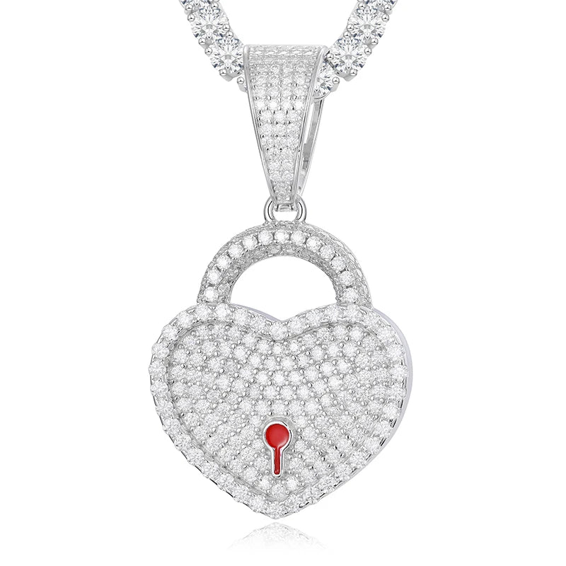 Dazzling Moissanite Heart Lock Necklace in Sterling Silver.