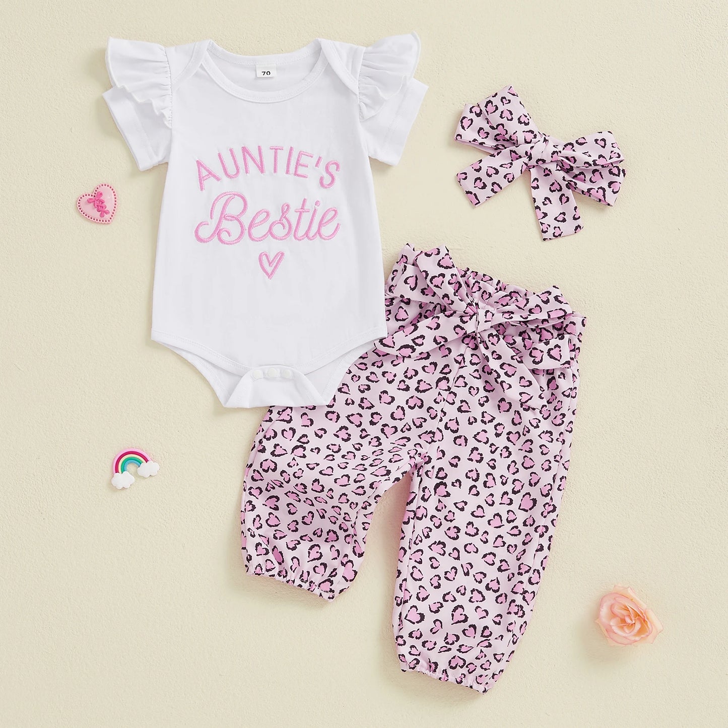 Summer New Baby Girls Clothing Set Two Pieces Toddler Outfits Short Sleeve Letter Print Romper with Leopard Pants Headband Suit.