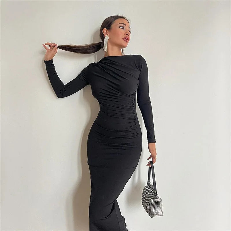 Elegant Ruched Long Bodycon Dress for Women.