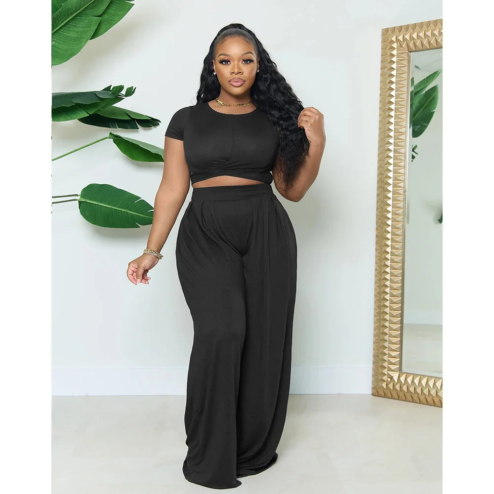 Chic Plus Size Summer Two Piece Set - Short Sleeve & Wide Leg.