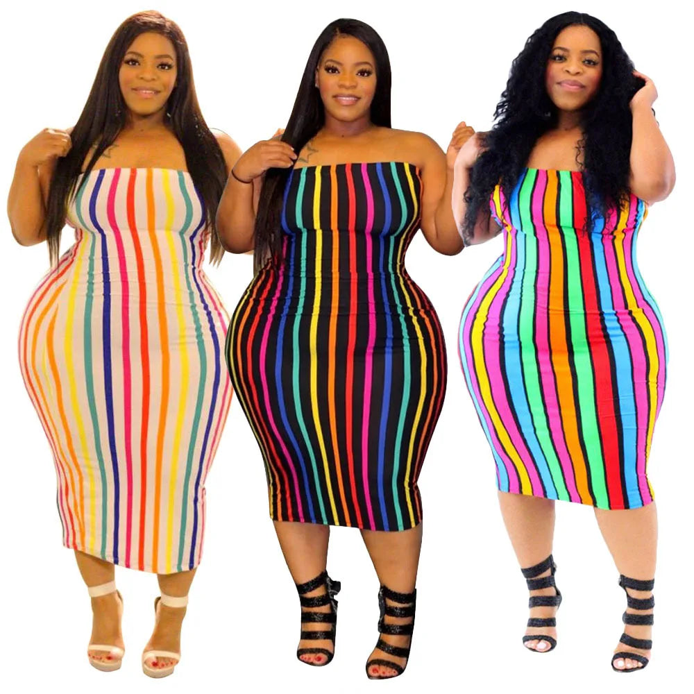 Trendy Plus Size Off Shoulder Rainbow Stripe Dress