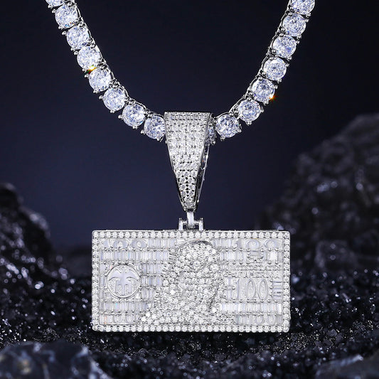 Iced-Out 925 Sterling Moissanite Dollar Bill Pendant.