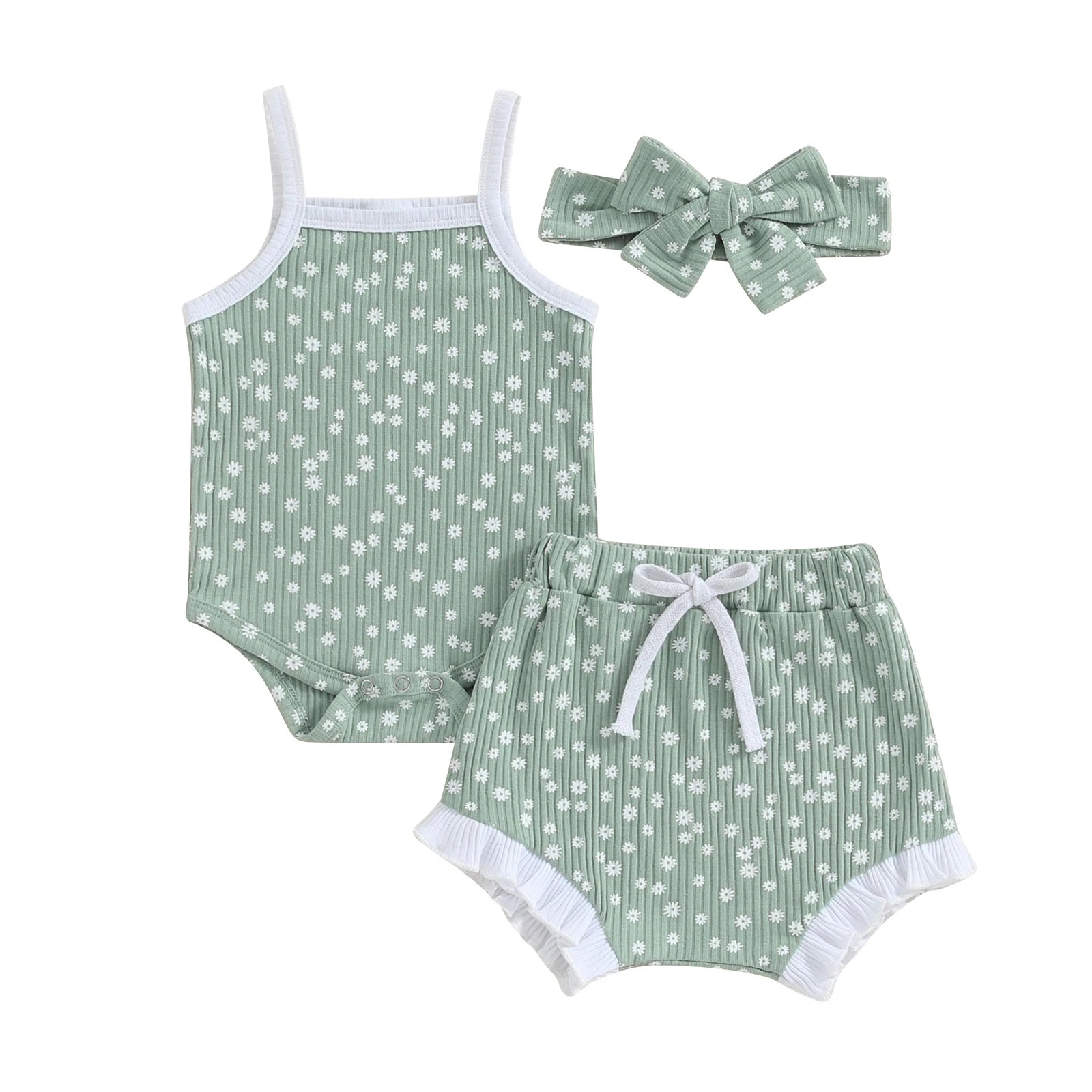 Summer 0-18 Months Newborn Baby Girls Clothes Set Kids Outfits Floral Print Rib Sleeveless Rompers Shorts Headband 3Pcs Costume.