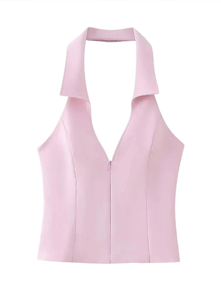 Chic Women's Pink Shorts Set - V Neck Sleeveless Outfit.