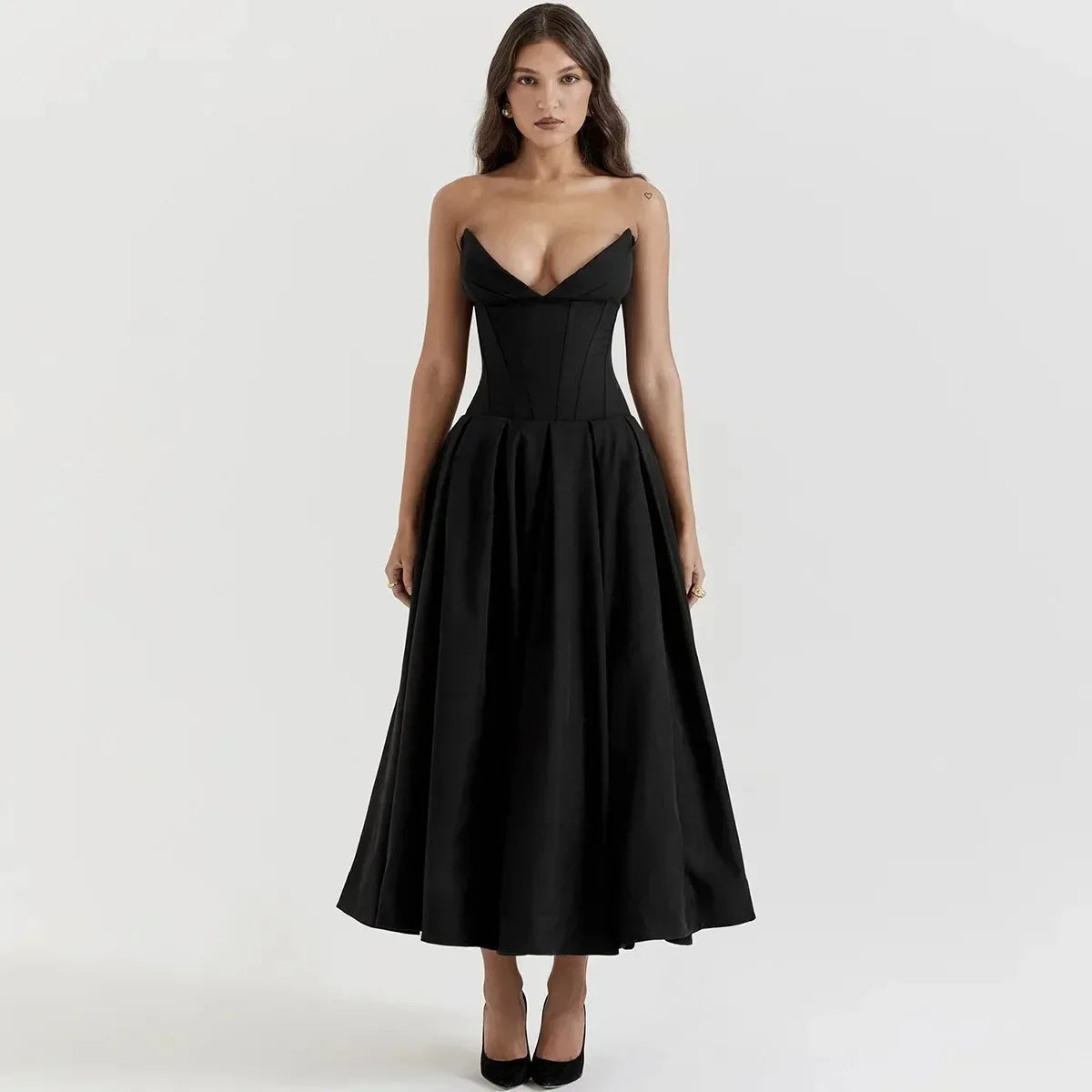 Black Elegant Strapless Midi Dress for Events