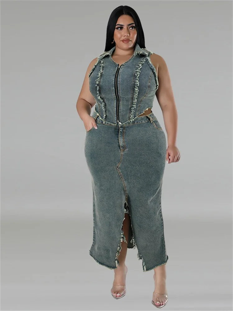 Plus Size Denim Skirt Two Piece Set for Women.