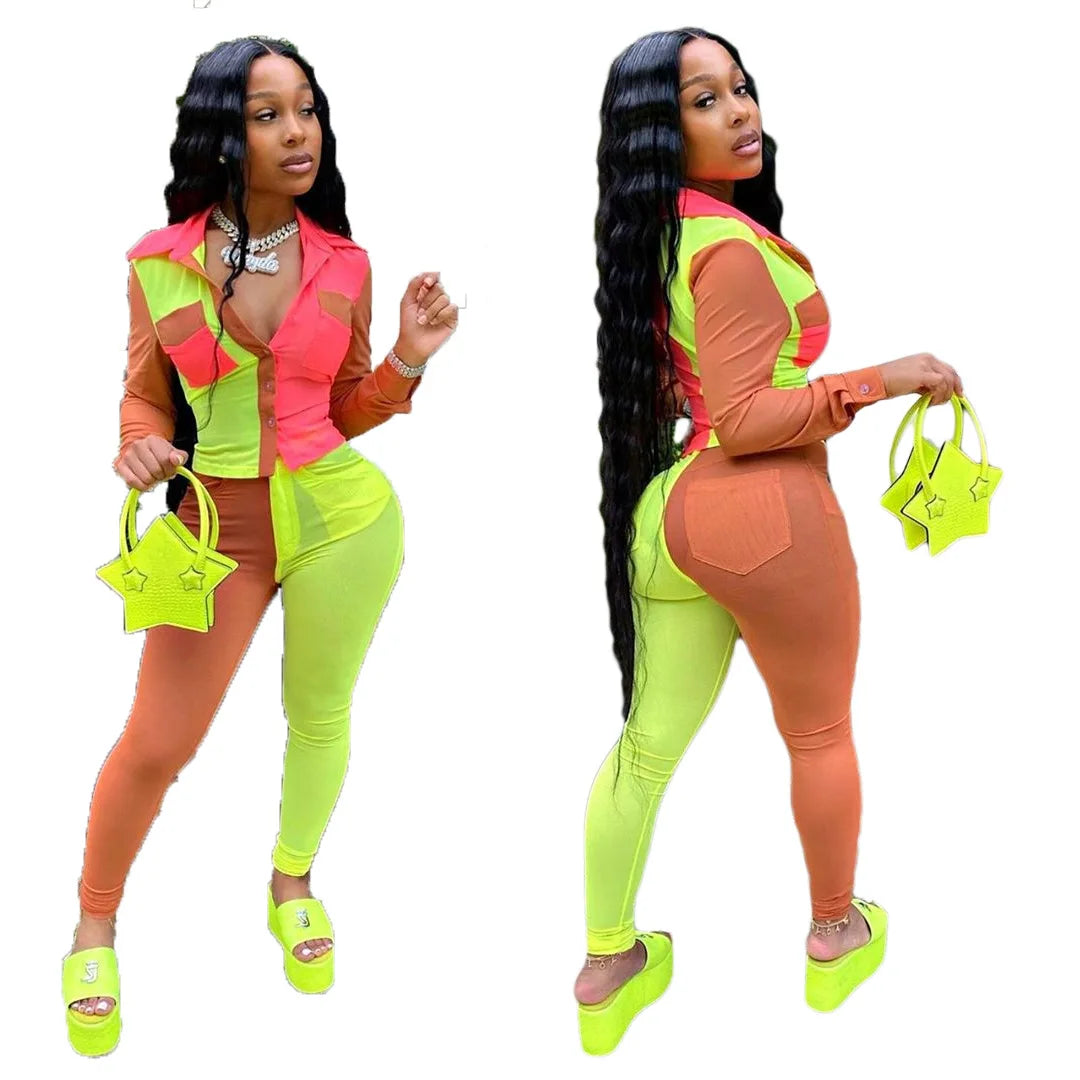 Neon Color Patchwork Two-Piece Set for Women.