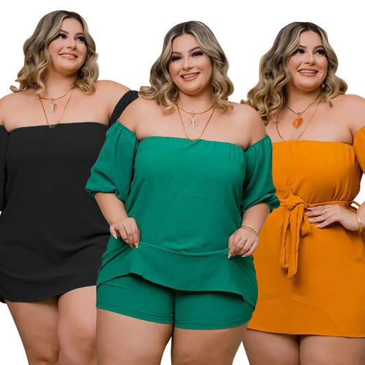 Trendy Plus Size Women Two Piece Shorts Set - Off Shoulder