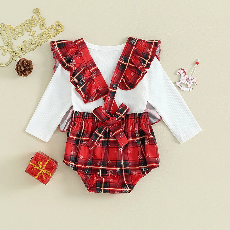 Lovely Newborn Baby Girls Clothes Cute 2Pcs Christmas Outfits For Kids Sleeveless Ruffle Romper Long Sleeve Tops Set For Infant.