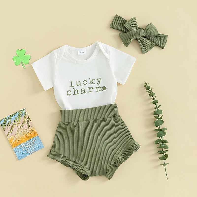 3PCS Newborn Baby Girls Suit Set Kids Irish Day Outfits Short Sleeve Embroidery Romper + Shorts + Headband Set Infant Clothes.