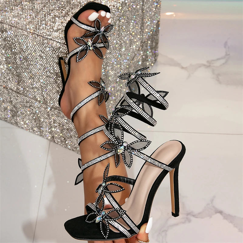 Elegant Crystal Butterfly-knot Heels.