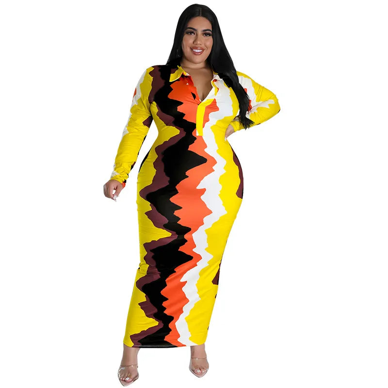 Plus Size Trendy Printed Lapel Maxi Dress.