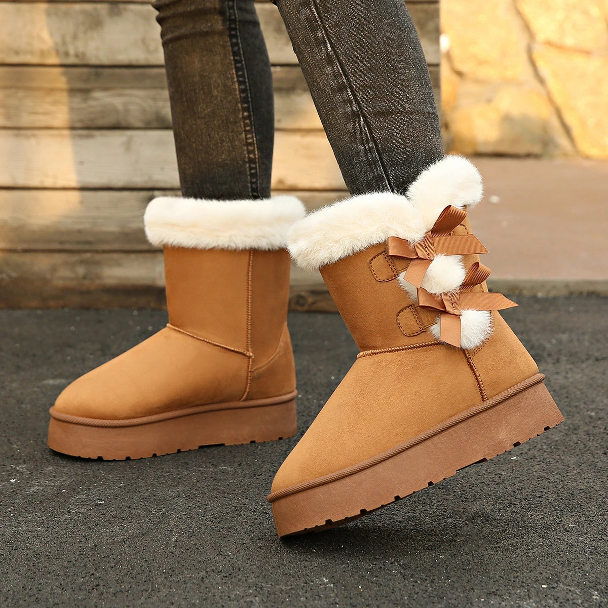 Chic Winter Mid-Calf Bow Knot Boots for Women.