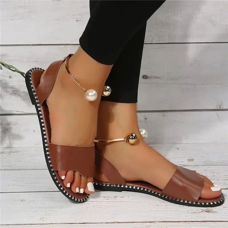 Women’s Beaded Pearl Ankle Strap Sandals - Comfy & Chic