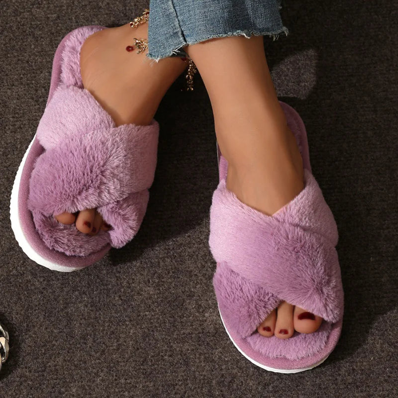 Women’s Fashion Cross Strap Faux Fur Slippers