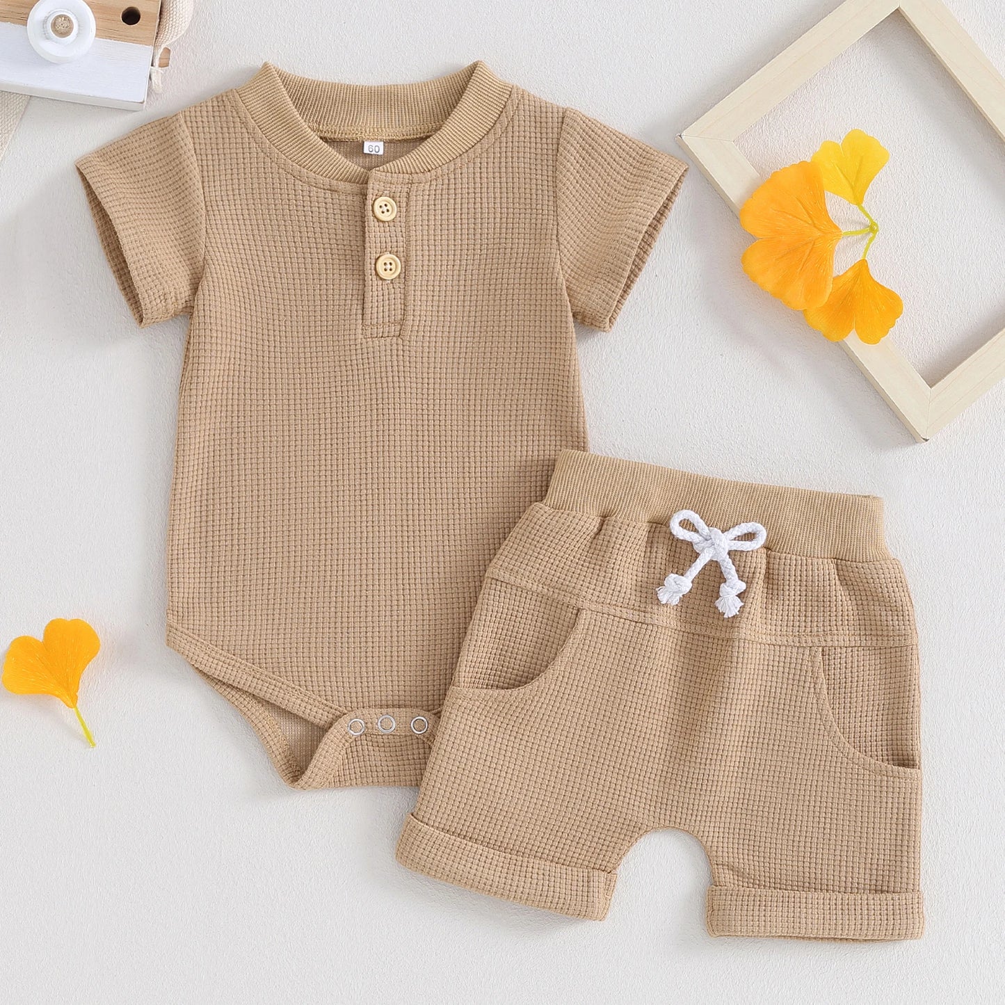 Summer Button Baby Clothes Set - Cotton Waffle Romper & Shorts