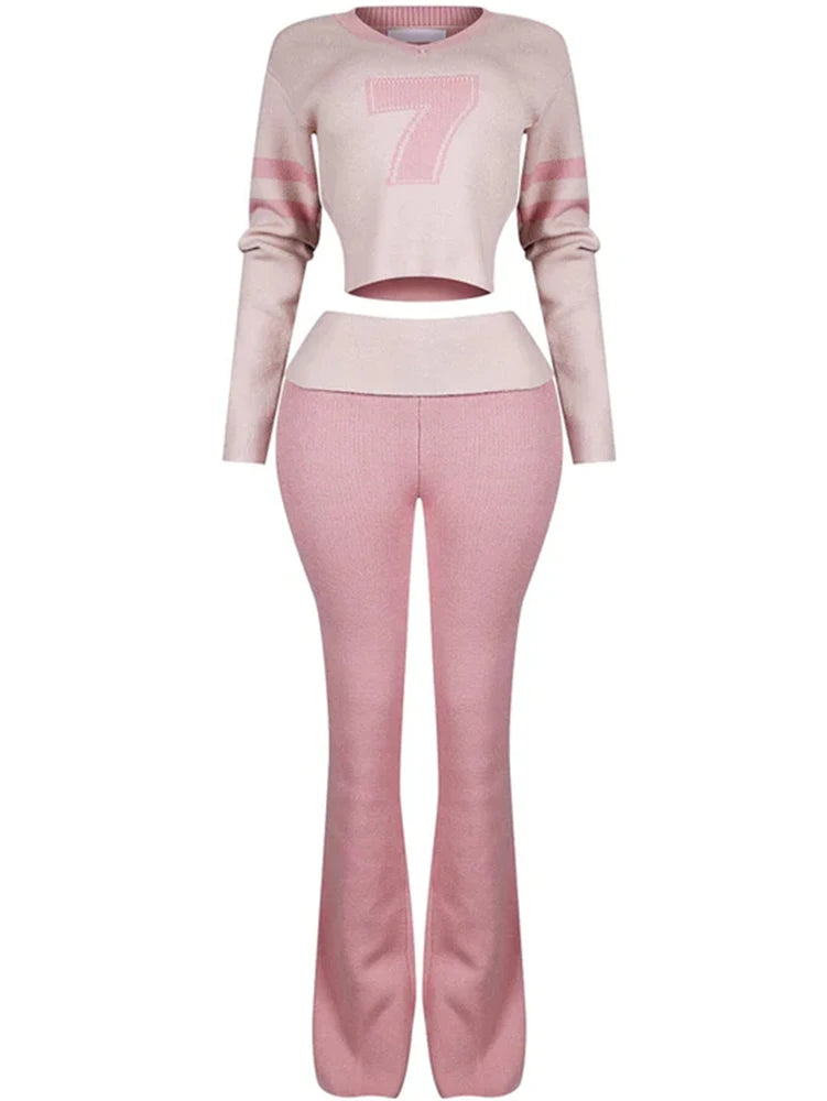 Chic V-Neck Sweater & Flare Pants Set for Women.