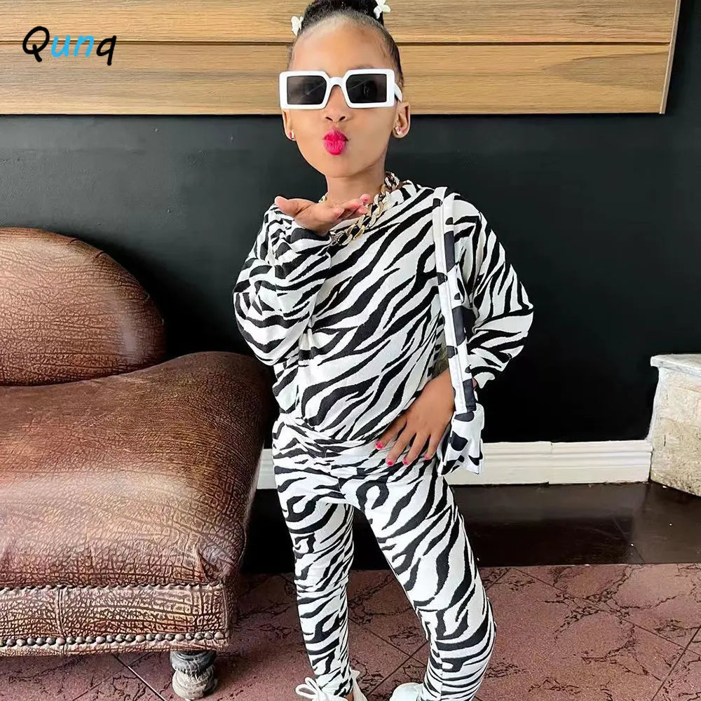 Girls Zebra Print Top & Slim Pants Set - Trendy Casual Outfit