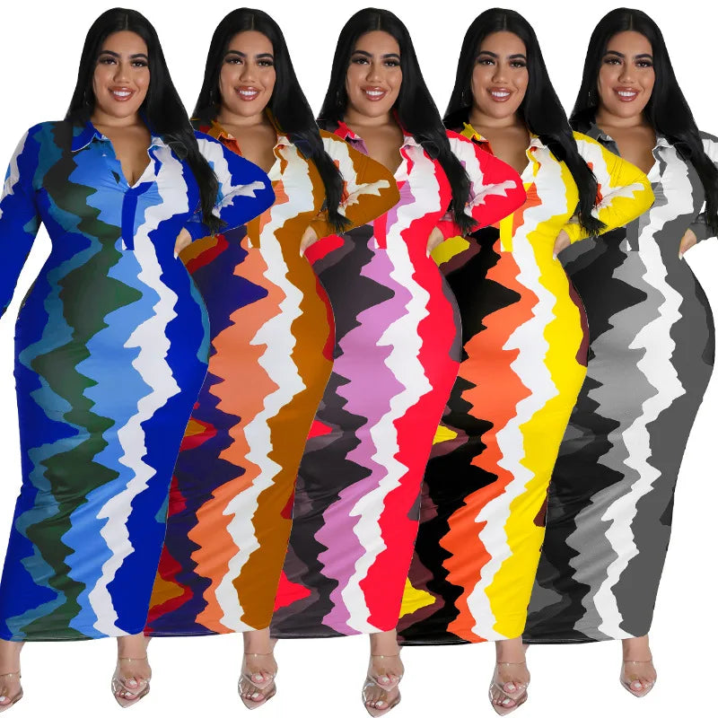 Plus Size Trendy Printed Lapel Maxi Dress.