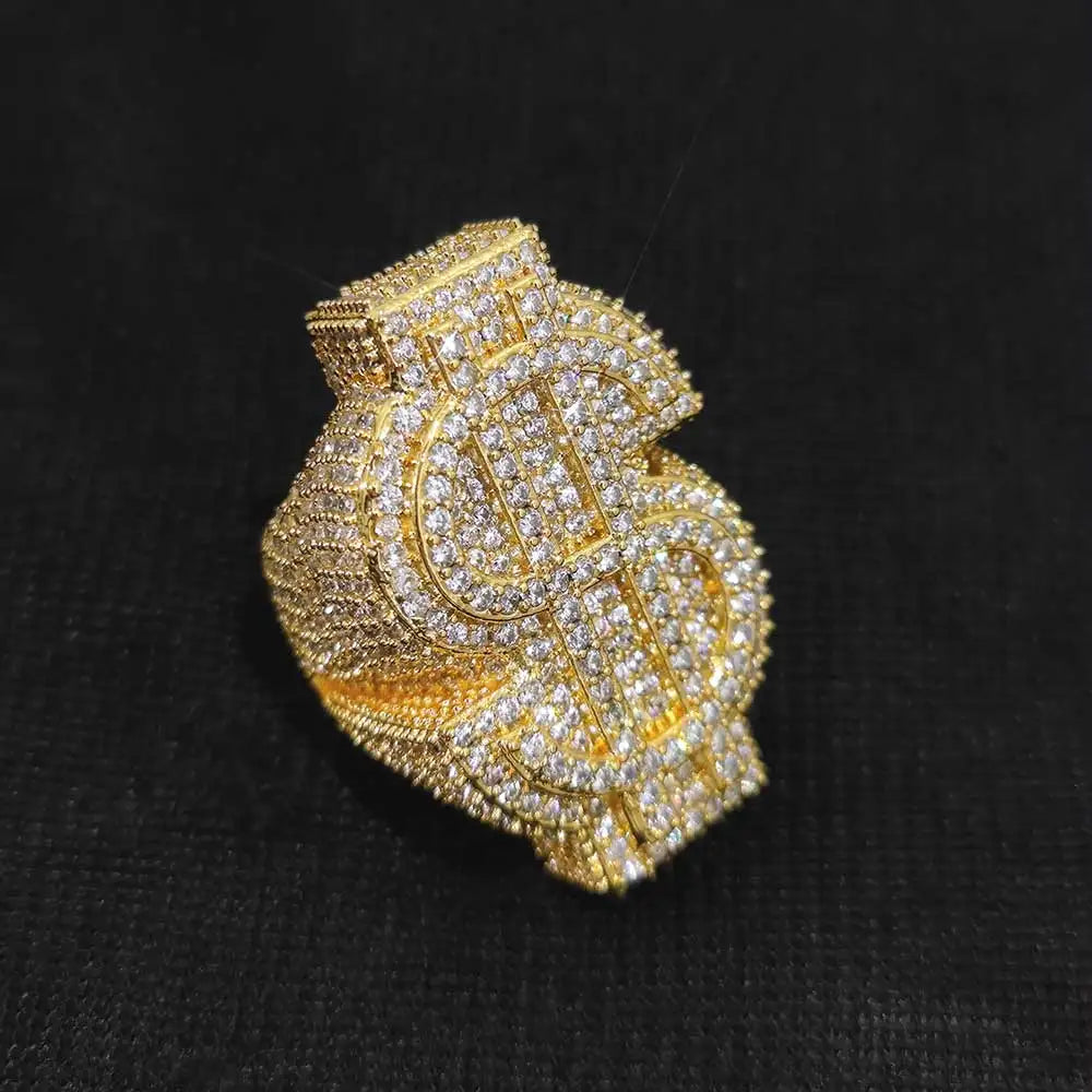 Cubic Zirconia Ice-Out Dollar Sign Ring - 18k Gold Plated.