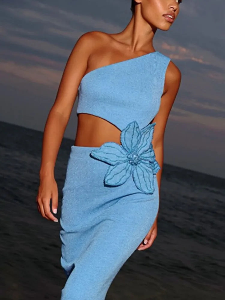 One Shoulder Sky Blue Midi Bandage Dress.